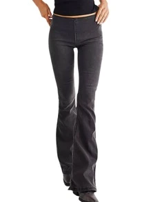 Women Fashion Flare Jeans Solid Color Stretch Denim Pants Spring Autumn Casual Slim Bell Bottoms Trousers - Black - View 2