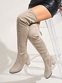 经典女士卡其色过膝靴，秋春时尚弹力面料粗跟圆头后系带长靴