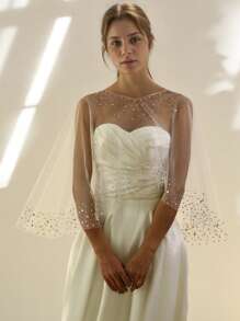 闪亮水晶短款新娘披肩圆领套头式薄款婚纱披肩优雅外套