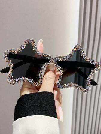 1pc Luxury Crystal Studded Five-Pointed Star Fashion Glasses For Women, High-End Fashion Design, Suitable For Vacation & For Summer Beach Vacation,Outdoor,Travel