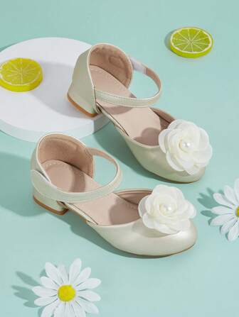 1 双女童 PU 花朵印花圆头高跟镂空优雅时尚百搭派对/表演鞋，适合春季、夏季、秋季