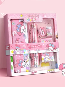 Sanrio Set de caja de regalo con personaje de dibujos animados de Sanrio Hello Kitty y Kuromi, incluye lápiz, cuaderno, sacapuntas, estuche de lápices, regla y borrador, , regalos de vuelta a la escuela
