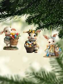 3 piezas Conejo de Pascua 2D de acrílico con huevos colgantes, para llavero, espejo retrovisor del coche, mochila, accesorio para colgar en manijas de puertas, decoraciones primaverales para el hogar y el jardín