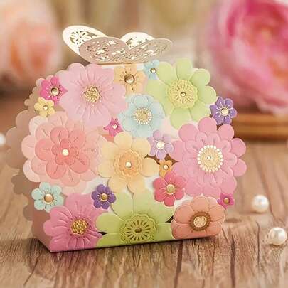Hộp quà giấy rỗng hình hoa và bướm 10 chiếc/bộ, Bao bì đựng kẹo và đồ ăn nhẹ theo chủ đề hoạt hình thanh lịch, Dùng làm quà lưu niệm cưới, Hộp đựng quà Phục sinh