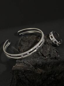 rakol 2 Stücke Set glänzender minimalistischer goldener runder Armreif & Ring Set, Alltagsschmuck Geschenke für Frauen