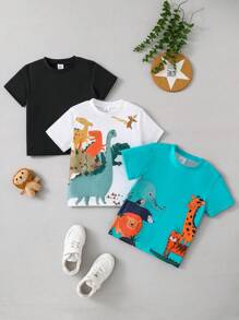 3pcs Boys Cartoon Animal Print Short Sleeve T-Shirts, Lightweight, Breathable, Comfortable, Suitable For Casual, Sports, Exercise, School, Outdoor Activities In Summer