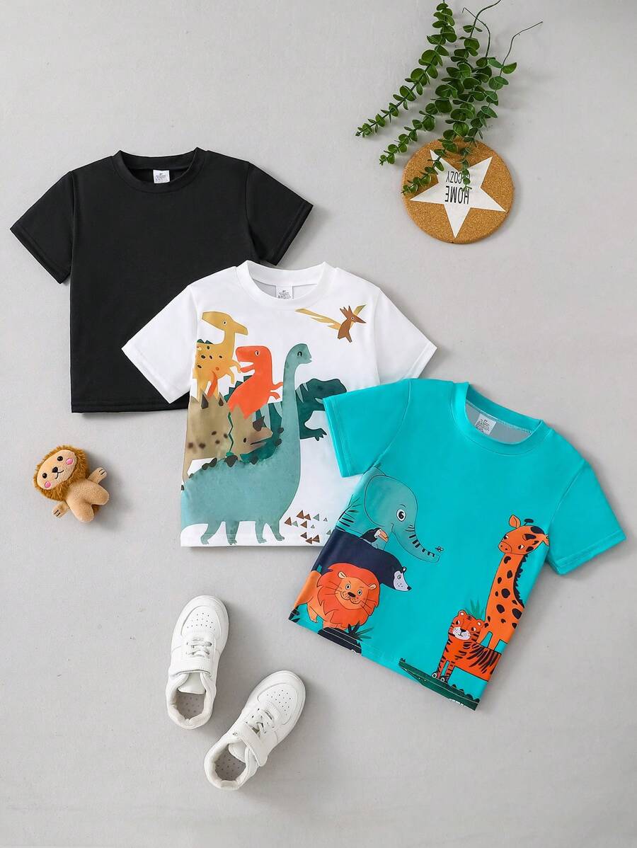 3pcs Boys Cartoon Animal Print Short Sleeve T-Shirts, Lightweight, Breathable, Comfortable, Suitable For Casual, Sports, Exercise, School, Outdoor Activities In Summer