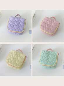 1 pieza Bolsa de maquillaje de lona con diseño de corazón para mujeres, gran capacidad, estilo coreano de moda, estuche con cremallera, bolso de viaje portátil, organizador de artículos de tocador para auriculares, lápiz labial, toallitas sanitarias (el color del tirador de la cremallera es aleatorio)