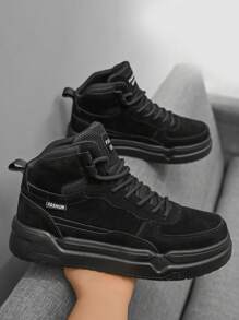 British Style Black PU Skateboard Shoes For Teenagers, Men Black Suede Round Toe High-Top Lace-Up Dress Shoes