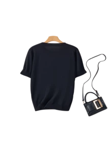 女士时尚冰丝印花短袖圆领T恤，夏季 - 黑色 - 查看 3