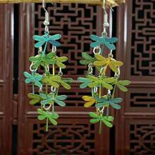 新款 1 对时尚简约波西米亚流苏挂钩，绿蜻蜓长耳环，母亲节、节日、生日礼物、日常佩戴、精美珠宝、女士耳环 - 墨綠色 - 查看 4