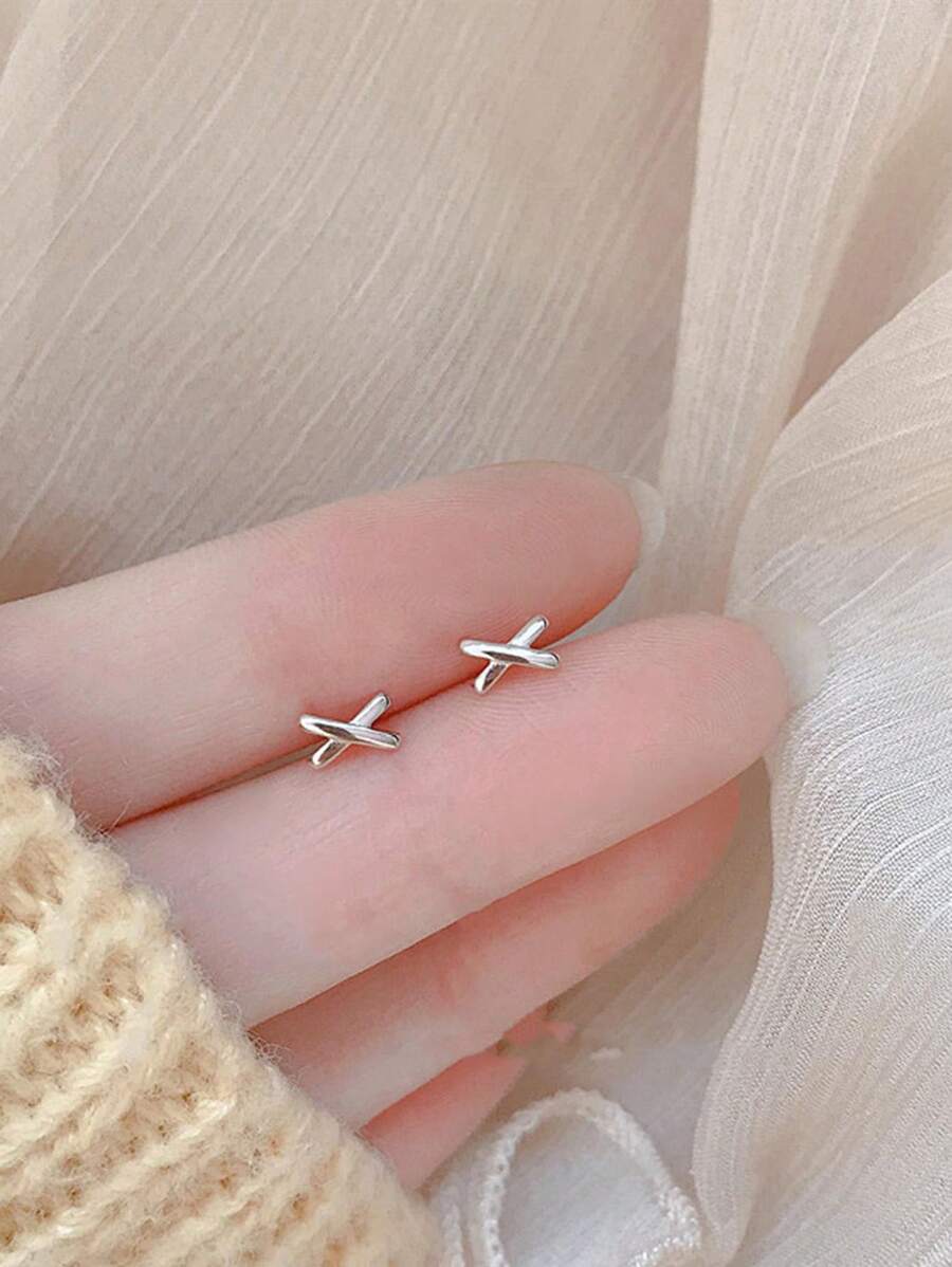 1 Cặp bông tai đinh tán thiết kế mặt trăng chéo bằng hợp kim đồng, thích hợp để đeo hàng ngày - Vàng - Xem 1