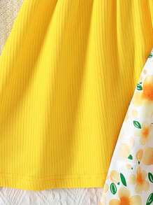 2pcs/Set Girls Digital Floral Print Cute Casual Sleeveless Open Shoulder Summer Dress, Vacation Style