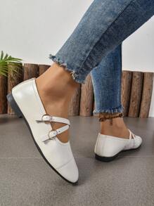 女士玛丽珍风格平底鞋，春秋季新款交叉带圆头休闲乐福鞋，舒适一脚蹬芭蕾鞋，少女设计 - 白色 - 查看 5