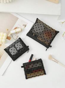 1 pieza Bolsa de maquillaje de malla con estampado de corazón para viajes, organizador portátil de brochas de maquillaje y estuche para guardar lápices labiales para mujeres (negro) para bolsa de almacenamiento de viaje, bolsa de maquillaje, estuche de cosméticos, organizador de vacaciones, organizador de maquillaje de gran capacidad, estuche de maquillaje, para lápices labiales, brochas, cuidado de la piel, teléfono móvil, monedas, artículos pequeños, para uso en el hogar, regalo, vacaciones y festivales de Halloween y Navidad, uso multifuncional, vibraciones bohemias, para vacaciones en la playa, colección de baño, colección de dormitorio, gran capacidad