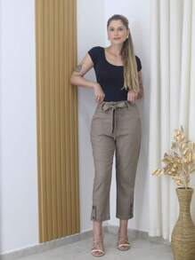 Linen Pants With High Waist Belt - 灰色 - 查看 1