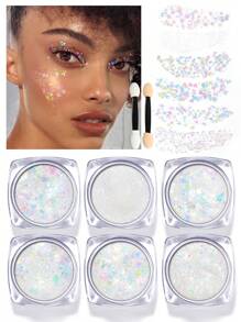 Set de 8 piezas (1 bote de 6 colores de gel brillante + 2 pinceles aplicadores) Kit de herramientas de maquillaje con brillos corporales, glitter súper de PET, polvo holográfico, gel para cara, cabello, decoración de fiestas, clubes, festivales de música, regalo para niñas