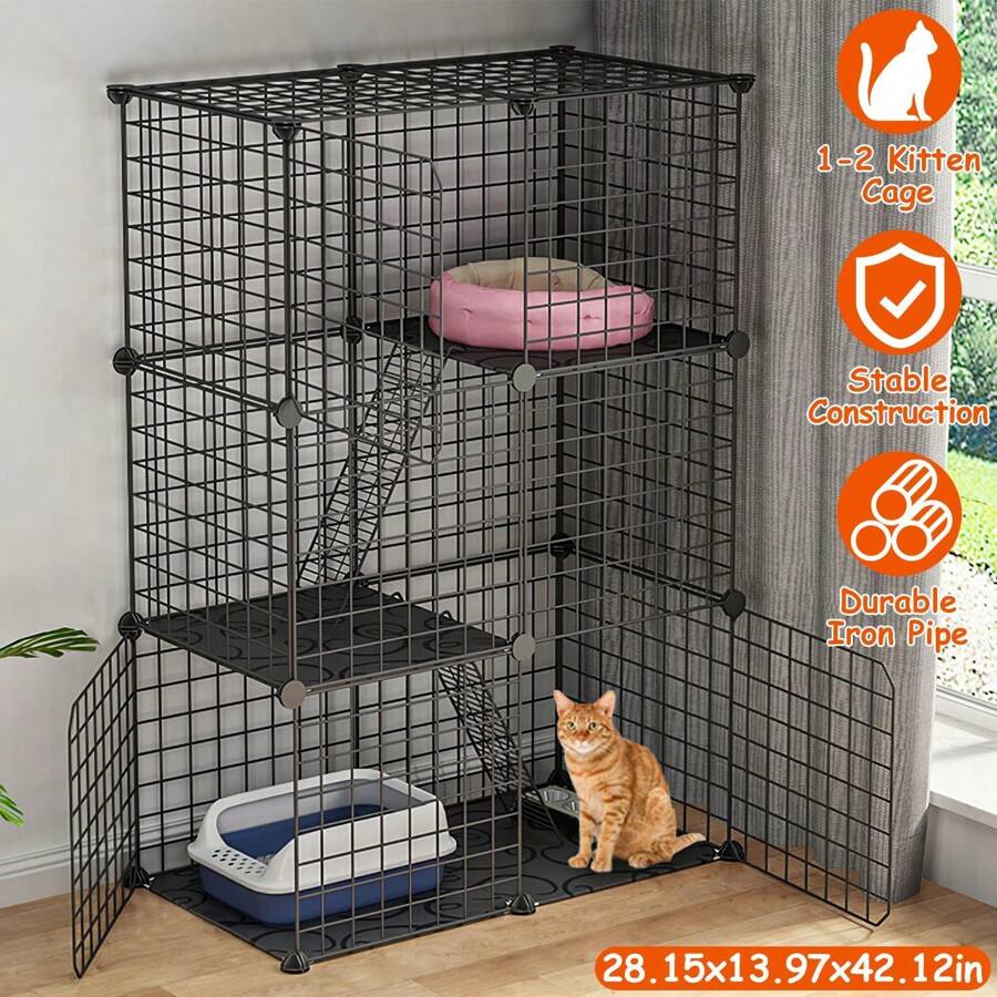 Jaula para gatos de 3 niveles, casa de gato de metal para interior, desmontable, con 3 puertas y 2 escaleras, amplio espacio de ejercicio para 1-2 gatos, color negro - Negro - Ver 1