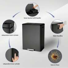 Step Dual Trash Can, 60L/16 Gallon Recycle Bins With Lid, 2 Removable Wastebusket, Step Pedal, Large Stainless Steel Double Trash Bin For Kitchen, Bathroom - 黑色 - 查看 3