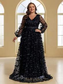 YISIKADO 加大码 V 领网眼蝴蝶优雅时尚长袖音乐会婚礼女士连衣裙生日舞会派对、长袍、正式、晚会、婚礼宾客 - 黑色 - 查看 6