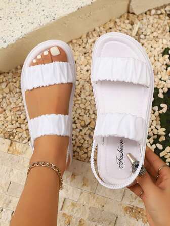 Women's Flat Sandals, Comfortable Pleated Strap, Open Toe Beach Shoes, Summer Outdoor Wear