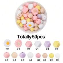 50 件雏菊硅胶珠套件 - 雏菊花硅胶焦点珠，12/14/15mm 圆珠六角混色，DIY 珠宝制作工艺配件，串珠笔，吊坠，项链，手链和创意装饰珠，适用于女性手工礼物 - DIY串珠雛菊花組合 - 查看 7