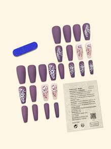 Y2K Update Your Look Long Coffin Nails Tips Matte Press On Acrylic Nails Purple Fashion Gradient Geometry Stripe Flower Leaf Pattern Beauty Simple Style Fake Nails Artificial Finger Manicure False Nails For Women Sweet,Cute,Minimalist,And Elegant Style Nail Art Set With Detachable Fake Nails Patches Suitable For Holiday Wear,Parties,Friends,Dates,Daily Wear