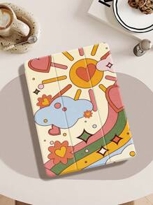 Cartoon Heart Flower Flat Beschermhoes Compatibel met iPad Air4/5 10.9 Inch, iPad 7/8/9th 10.2 Inch, Ingebouwde Pensleuf Compatibel met Samsung Tab S6 10.4 Inch, Tab A7 Lite 8.7 Inch, Ins Stijl Leren Hoesje, Terug Naar School, Valentijnsdag, Nieuwjaarscadeau