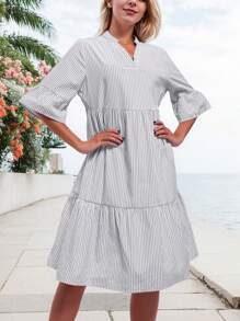 tooluck Chic Stripes Print Midi Maxi Dress, Ruffle Hem Design Idea To Daily Wear Street Style, Woman Clothes - White - View 1