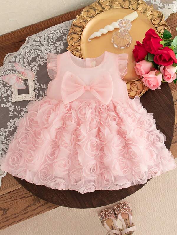 Vestido de volantes con flores para bebé niña, vestido de princesa sin mangas con detalle de moño para fiesta