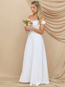 Off-The-Shoulder Lace Wedding Dress - trắng - Xem 3