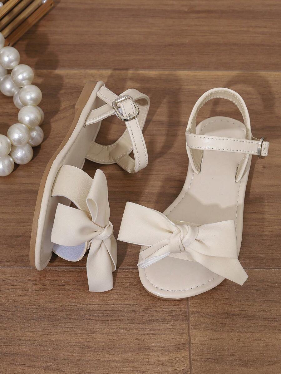 1 双幼儿/小女孩平底凉鞋，纯色时尚可爱蝴蝶结露趾扣带舒适奢华 PU 防滑耐磨，适合 3-12 岁女学生，适合校园、日常、旅行、度假、休闲聚会，2025 年春季新品 - 米色 - 查看 1