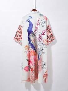 Oversized Retro Style Mid-Length Kimono Cover Up, Beach Cover Up Swimsuit Wrap For Plus Size, Summer