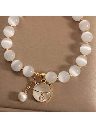 1Pc Fashion Opal Beaded Bracelet With Cat Pendant For Men Women