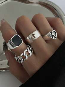 4pcs Black Cross-Shaped Oil Drop Rings, Chain Heart Angel Alloy Rings - Antique Silver - View 1