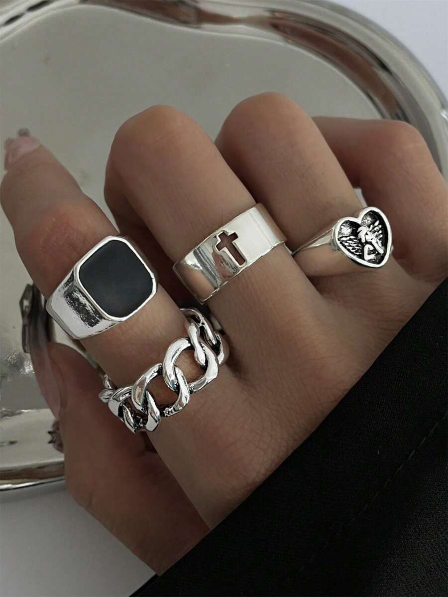 4pcs Black Cross-Shaped Oil Drop Rings, Chain Heart Angel Alloy Rings - Antique Silver - View 1
