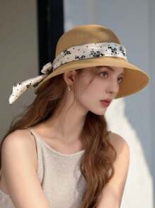 LEAJOURNO. 1pc Reversible Floral Print Sun Hat, Women Spring Summer Large Brimmed Polyester Bucket Hat With Bendable Wire Frame For UV Protection