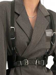 1件装女士束腰带，黑色皮革束腰带，带吊带，休闲装饰吊带，可搭配衬衫和外套 - 彩色 - 查看 1