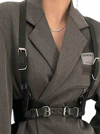 1件装女士束腰带，黑色皮革束腰带，带吊带，休闲装饰吊带，可搭配衬衫和外套