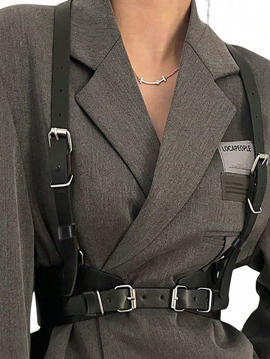 1件装女士束腰带，黑色皮革束腰带，带吊带，休闲装饰吊带，可搭配衬衫和外套 - 彩色 - 查看 1