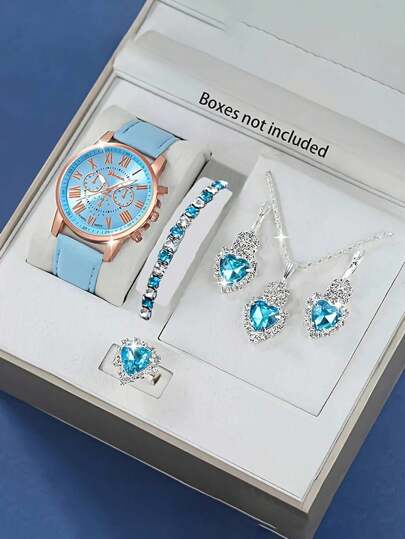 1 套时尚天蓝色女士石英表和 5 件天蓝色心形装饰配件套装，情人节或复活节送给妈妈的礼物