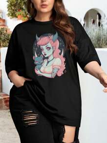 Plus Size Lilith Oversize Women T-Shirt Occult Design Witchy Sigil Magic Circle Fashion - 黑色 - 查看 1