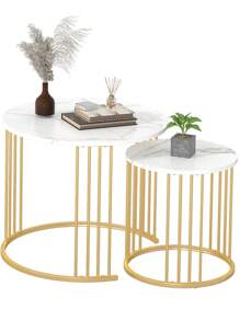 Nesting Coffee Table Set Of 2, Round Table, Morden End Side Table Night Stand For Bedroom Dining Room - Marble White - View 1