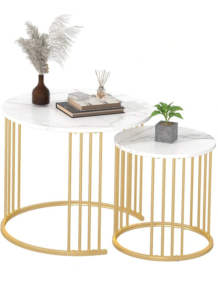 Nesting Coffee Table Set Of 2, Round Table, Morden End Side Table Night Stand For Bedroom Dining Room - Marble White - View 1