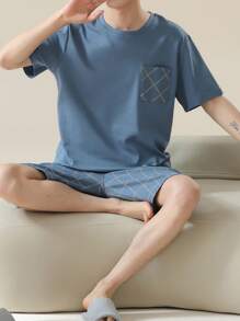 AICJ 2pcs/Set Men's Casual Solid Color Loose Fit Simple Short Sleeve T-Shirt And Plaid Shorts Pajama Set, Suitable For Spring & Summer