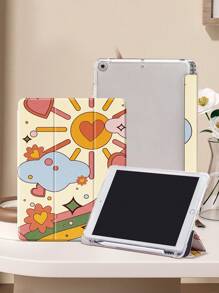 Cartoon Heart Flower Flat Beschermhoes Compatibel met iPad Air4/5 10.9 Inch, iPad 7/8/9th 10.2 Inch, Ingebouwde Pensleuf Compatibel met Samsung Tab S6 10.4 Inch, Tab A7 Lite 8.7 Inch, Ins Stijl Leren Hoesje, Terug Naar School, Valentijnsdag, Nieuwjaarscadeau