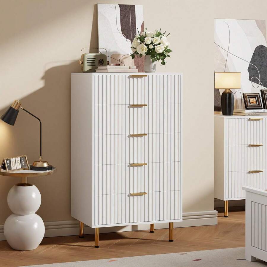 CuisinSmart Fluted 5 Drawer Dresser For Bedroom, 48 Inch Modern Chest Of Drawers,Large Wood Drawer Organizer For Bedroom,Living Room,Hallway - 白色 - 查看 1