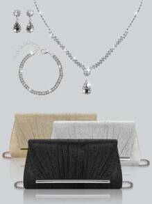 Shiny And Elegant Pleated Women's Evening Bag With Charming Rhinestone Pendant Necklace, Bracelet, Earrings, Gorgeous And Exquisite Party Clutch, Perfect Purse For Party Girls, Brides, College Students, Shoulder Crossbody Bag With Detachable Metal Chain, Perfect For Prom, Banquet, Party, Wedding, Holiday Party, Best Gift