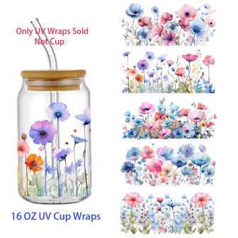 4pcs/5pcs UV DTF Wild Flower Design Print Stickers, Waterproof For 16oz Glass Cup, Libbey Stainless Steel Tumbler, Vinyl Transfer Sticker, Colorful Design, UV DTF, Applicable For Mugs, Refrigerators, Cups, Coffee Cups And Any Flat Surface, Waterproof DIY Decoration (Cup Not Included)