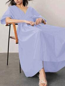 فستان أنيق طويل واسع الذيل مع تجعيدات على الخصر بأكمام خفيفة مفرغة في الظهر، بياقة وردي لموسمي الربيع والصيف للنساء بموديل عصري وكاجوال - أرجواني مغبر - مشاهدة 5